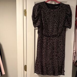 Express Black & Charcoal Leopard Print Puff Sleeve Midi Dress